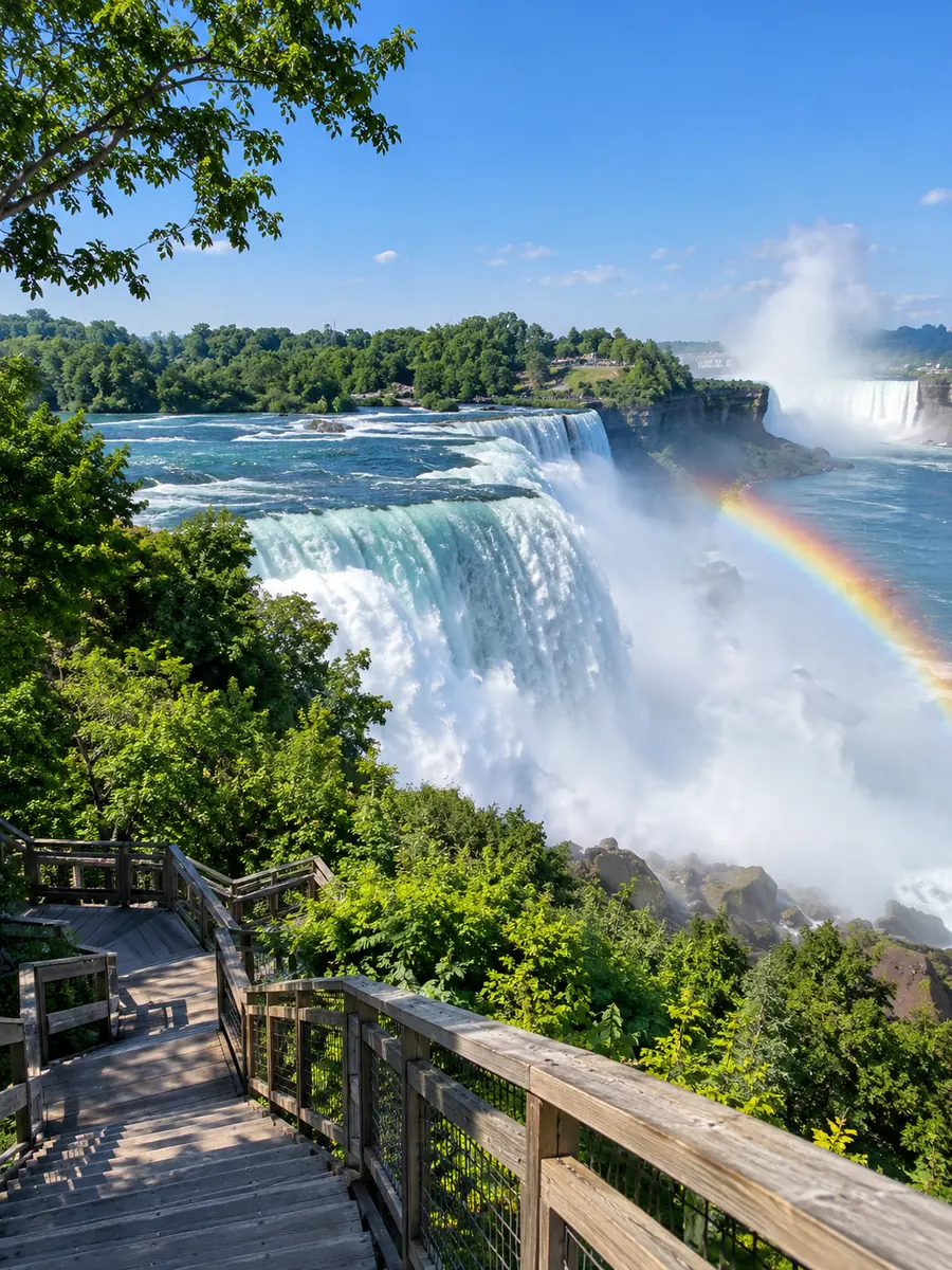 Die Amerikanischen Fälle und die Brautschleierfälle, von Goat Island im Niagara Falls State Park aus gesehen